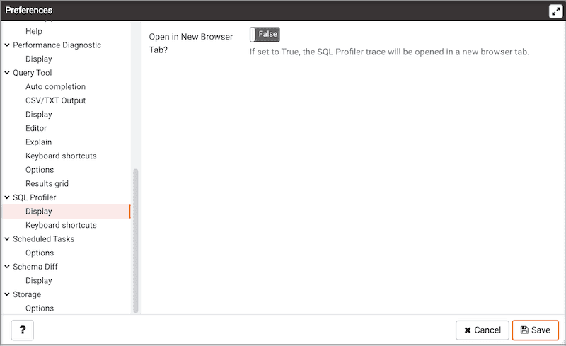 Preferences dialog - SQL Profiler Display section