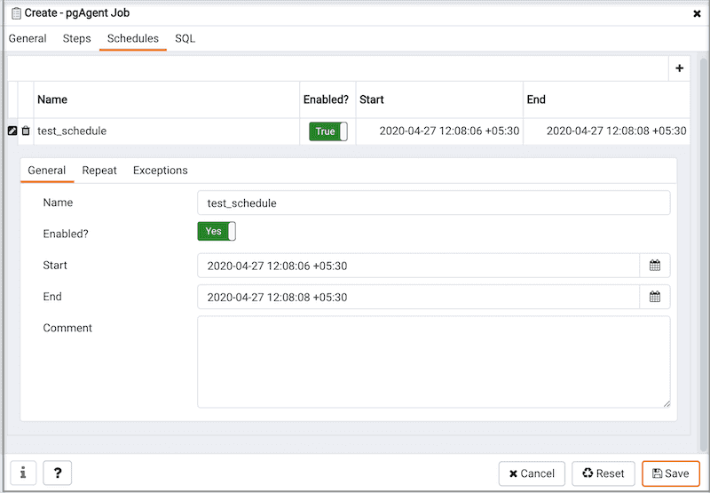 Create pgAgent Job dialog - Schedules tab - General tab